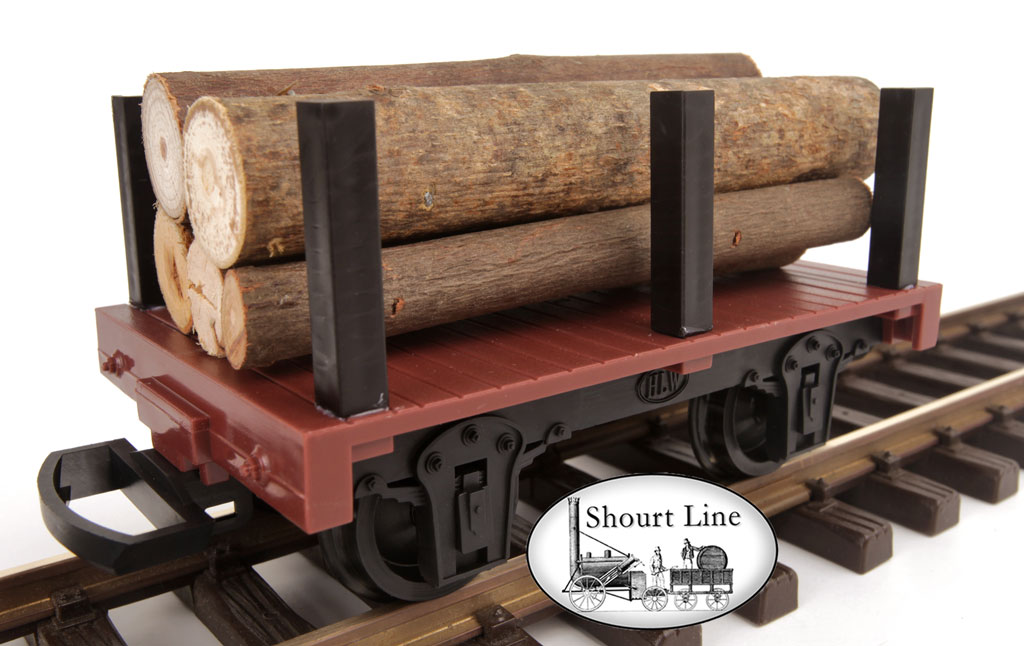 G Scale HLW 15061 Log Car with 6 Load Stakes Securing a Real Wood Log Load NEW right rear view on track
