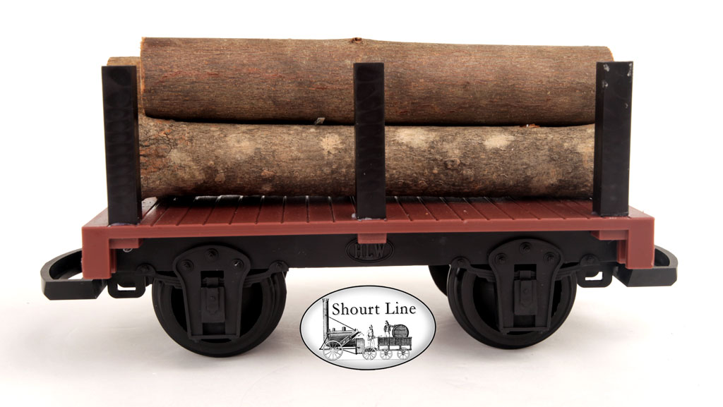 G Scale HLW 15061 Log Car with 6 Load Stakes Securing a Real Wood Log Load NEW side view off track