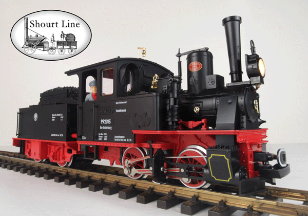 LGB 2015D Black Royal Prussian Steam Loco w Powered Tender Smoker Lights + SL Firemans Platfrom NEW  low right front view on track animated Lights