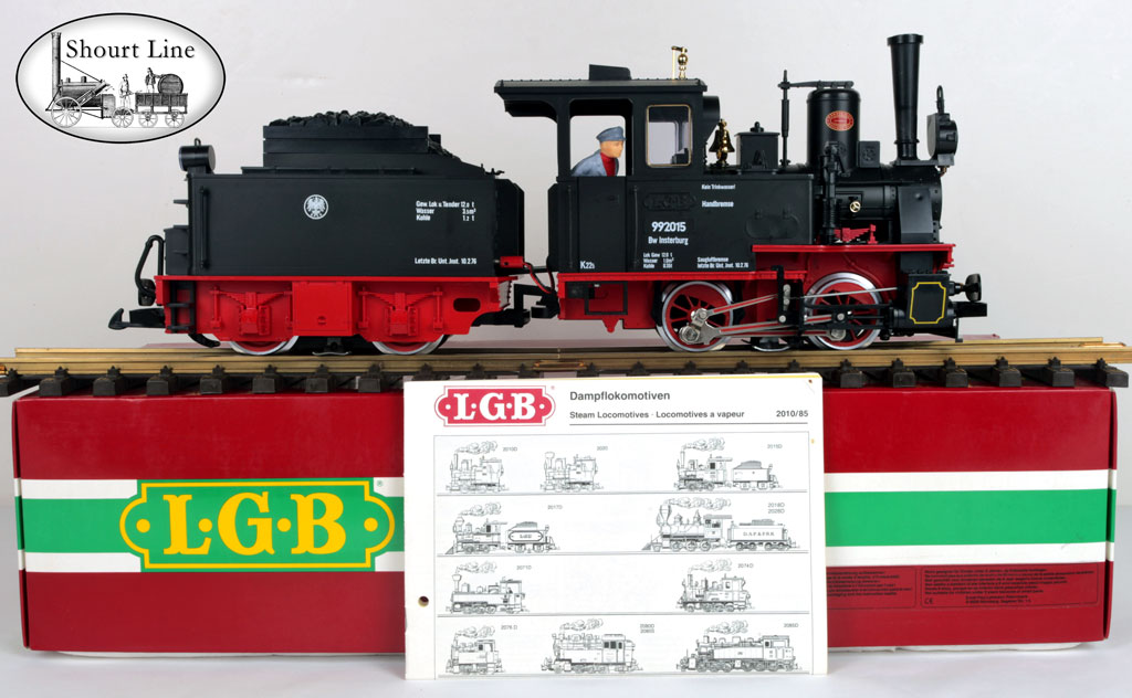 LGB 2015D Black Royal Prussian Steam Loco w Powered Tender Smoker Lights + SL Firemans Platfrom NEW loco and tender on box top right side view