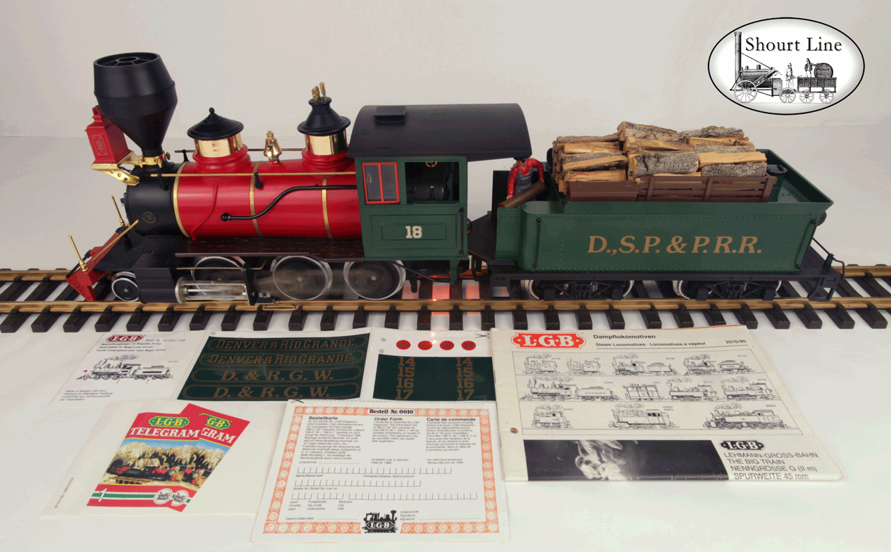 LGB 2018D D&RGW-DSP&PRR 2-6-0 Mogul Steam Loco Working Firebox Ligths Smoker w SW Real Wood Load NEW left top  view animated