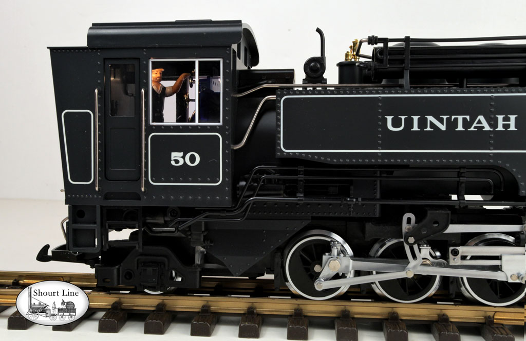LGB 21881 Uintah Railway Co #50 Mallet 12 wheel drive 2-6-6-2 New Lights & Smoke close up of cab with engineeer