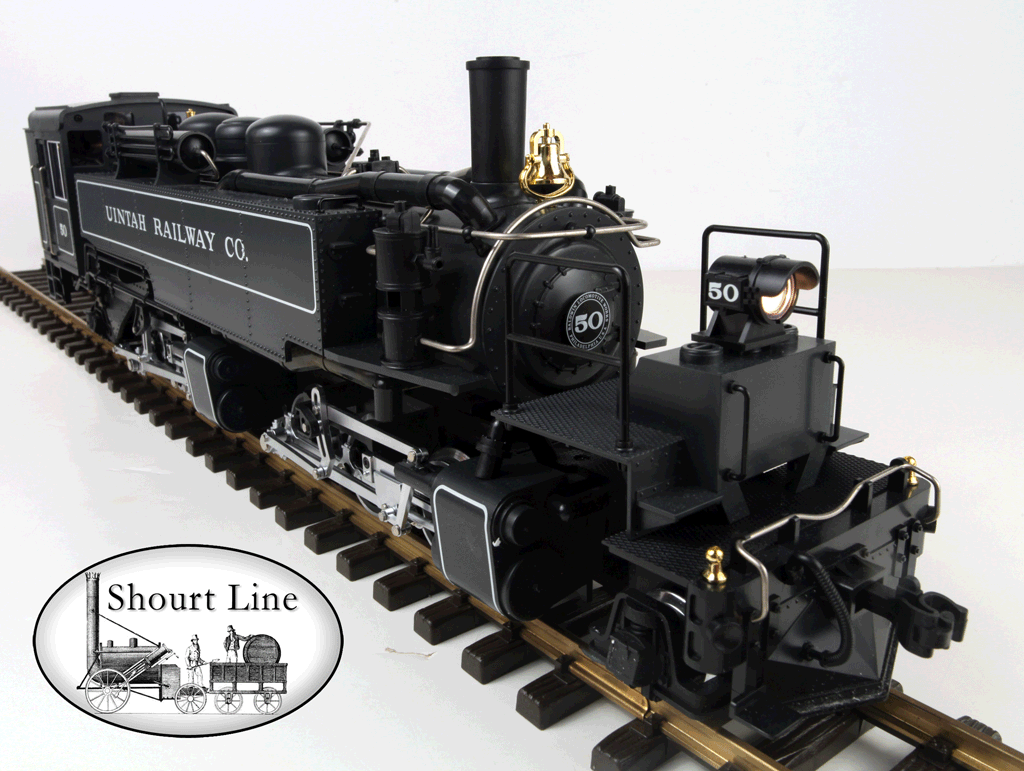LGB 21881 Uintah Railway Co #50 Mallet 12 wheel drive 2-6-6-2 New Lights & Smoke right front high view with headlight on