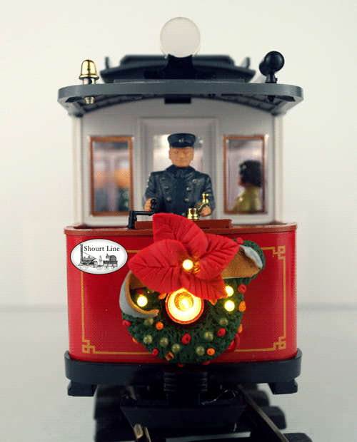 SL 8410118 Animated Holiday Wreath, 12 yellow LEDs for LGB Trolley power jacks on DC or DCC power front view