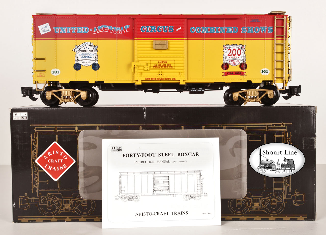 G Scale Aristo-Craft ART 46030 Circus 1993 Steel Box Car with Knuckle & LGB type Hook & Loop Couplers