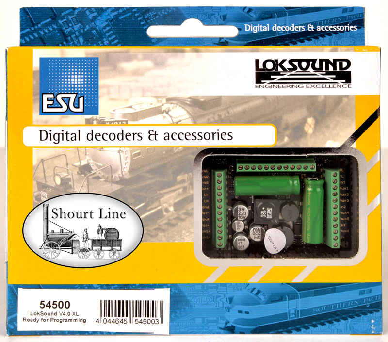 Shourt Line - Soft Works Ltd. - Products - ESU 54500 LokSound XL V4.0  Analog  DCC/MTS Digital 12 Watt Sound, 4Amp Motor, 12ea .5Amp Output, 4  Servo Output Decoder w screw terminal connectors