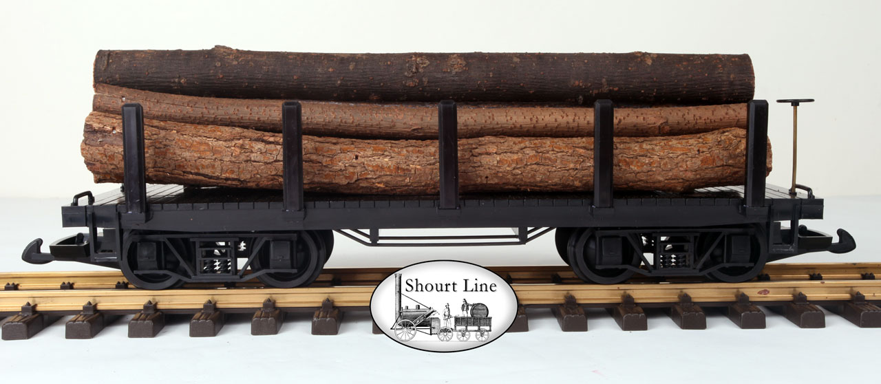 G Scale HLW 01504 Log Car with 10 Load Stakes Securing a Real Wood Log Load side view