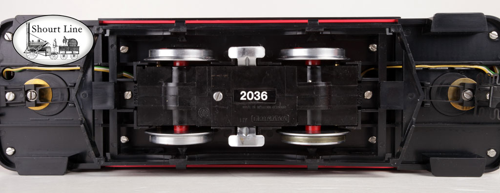 LGB 2036 & 3600 Red Trolley & Trailer Set bottom view of motor unit