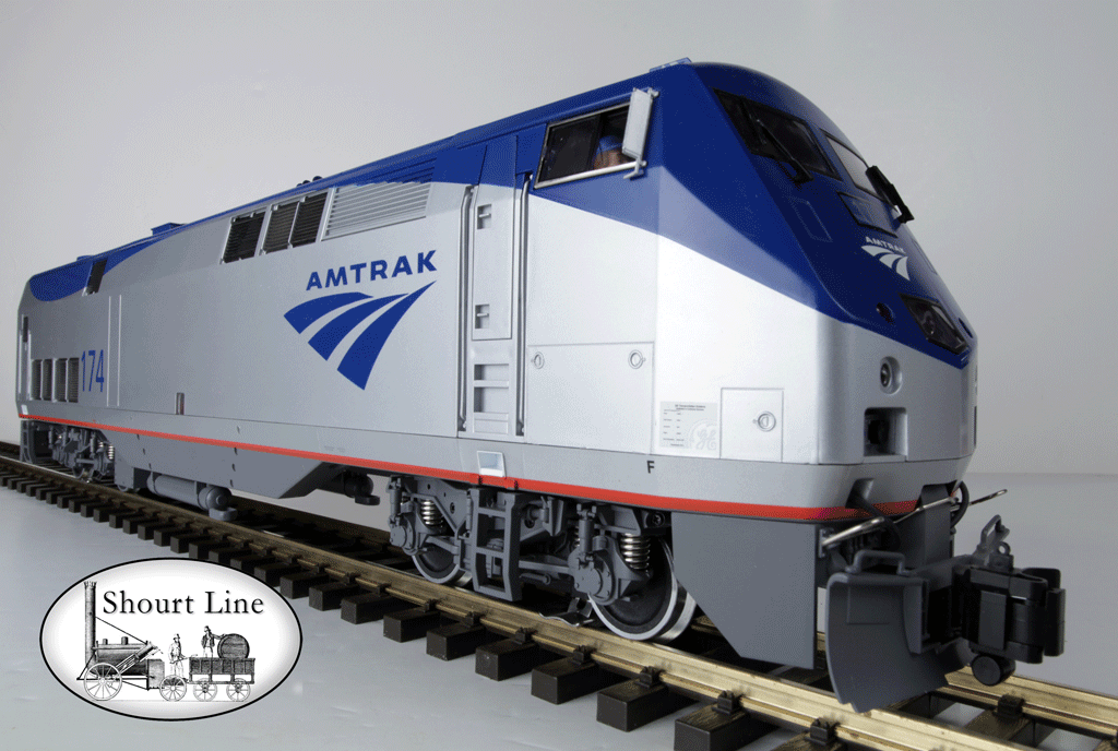 LGB 22490-174 Amtrak Genesis Diesel Loco, Phase V Acela left front low angle view on track
