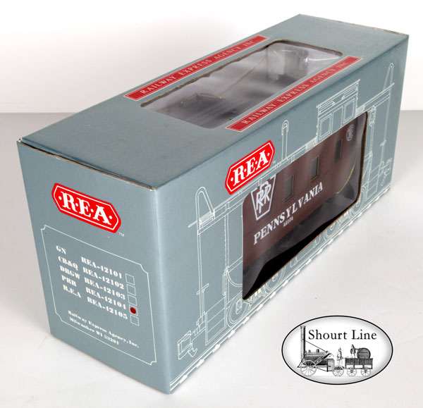 G Scale REA 12104 PENN SMOKING Lighted Drovers Caboose - Metal Wheels - Knuckle & LGB type Hook and Loop couplers - box front-end-top