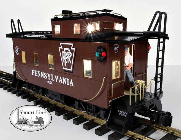 G Scale REA 12104 PENN SMOKING Lighted Drovers Caboose - Metal Wheels - Knuckle & LGB type Hook and Loop couplers rear left view